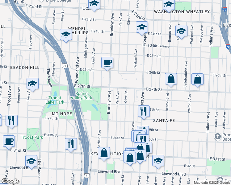 map of restaurants, bars, coffee shops, grocery stores, and more near 2721 Brooklyn Avenue in Kansas City