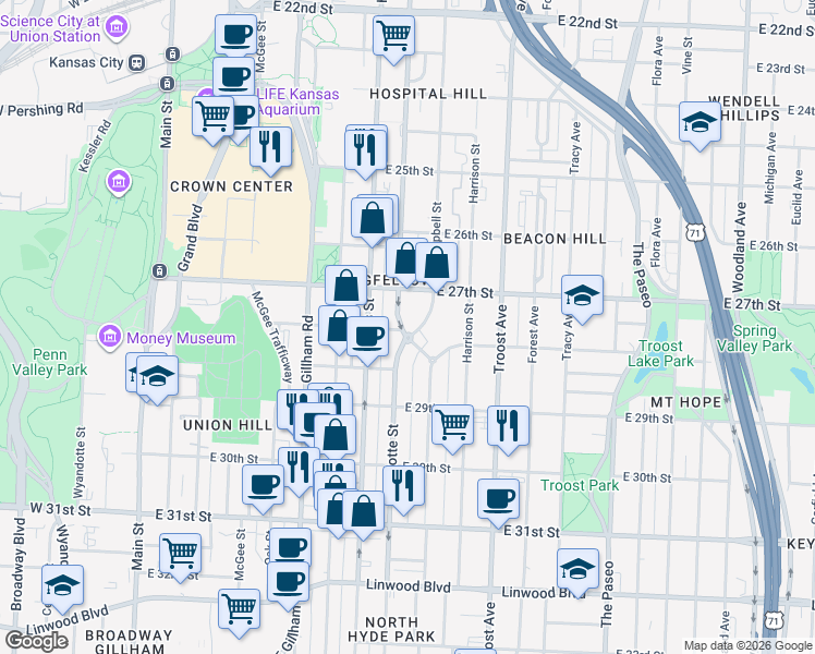 map of restaurants, bars, coffee shops, grocery stores, and more near 2732 Charlotte Street in Kansas City