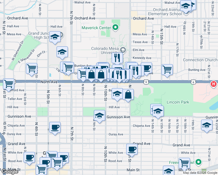 map of restaurants, bars, coffee shops, grocery stores, and more near 1036 Belford Avenue in Grand Junction