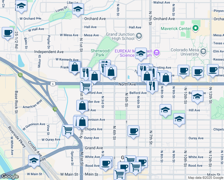 map of restaurants, bars, coffee shops, grocery stores, and more near 336 Belford Avenue in Grand Junction