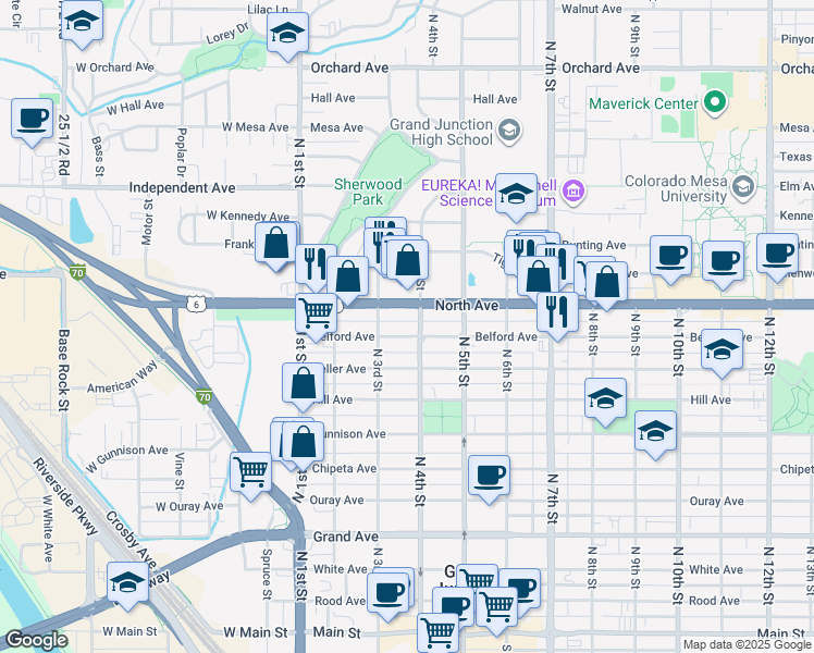 map of restaurants, bars, coffee shops, grocery stores, and more near 336 Belford Avenue in Grand Junction