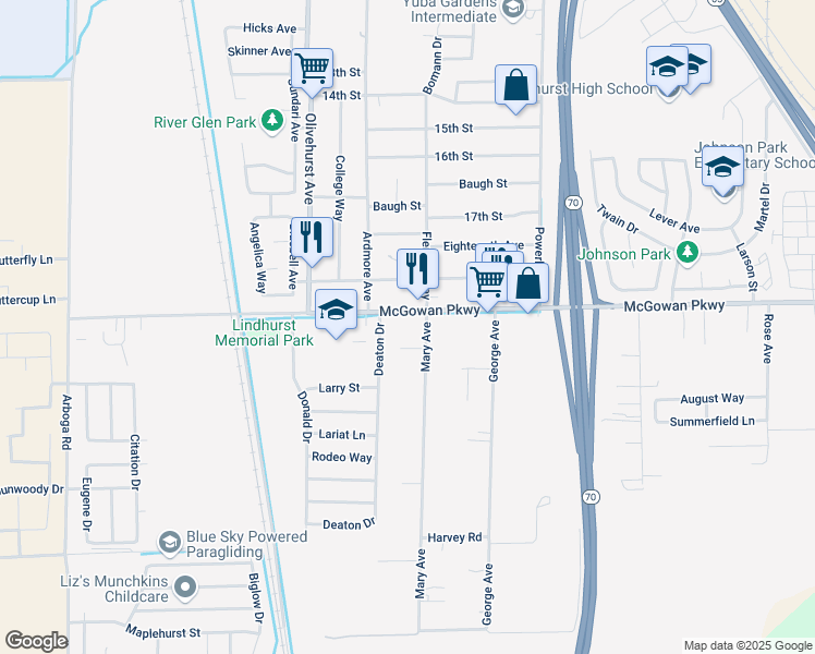 map of restaurants, bars, coffee shops, grocery stores, and more near 4224 Mary Avenue in Olivehurst