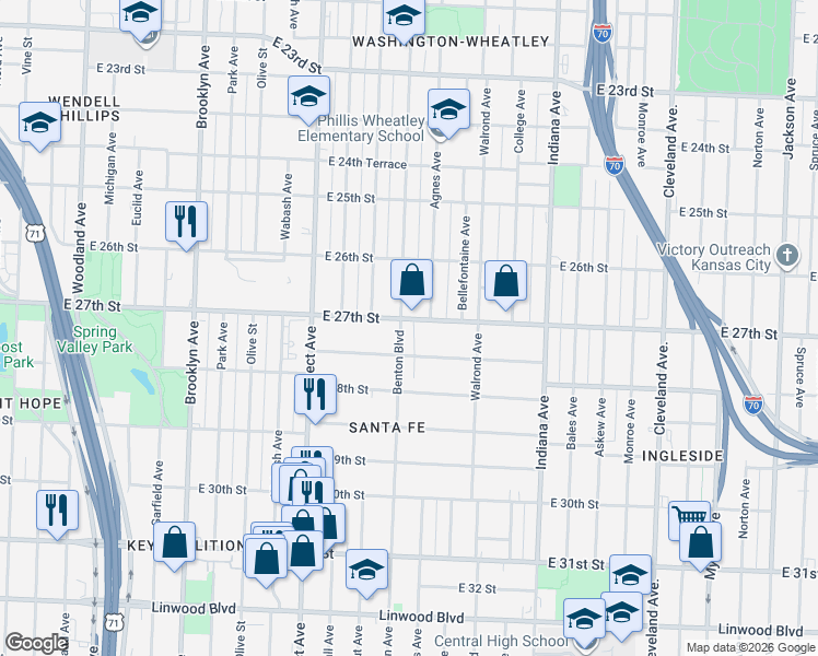 map of restaurants, bars, coffee shops, grocery stores, and more near 2911 East 27th Street in Kansas City