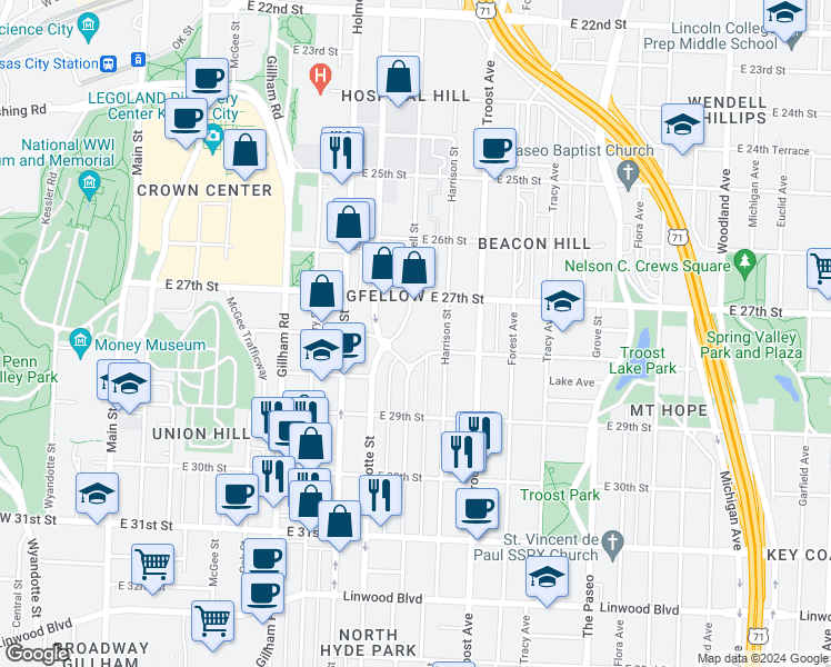 map of restaurants, bars, coffee shops, grocery stores, and more near 2729 Campbell Street in Kansas City
