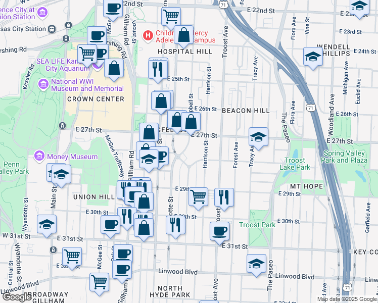 map of restaurants, bars, coffee shops, grocery stores, and more near 2729 Campbell Street in Kansas City