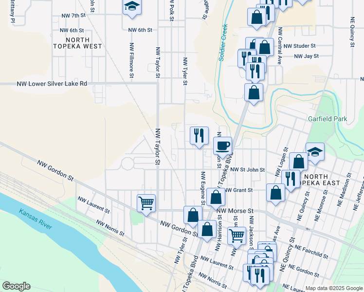 map of restaurants, bars, coffee shops, grocery stores, and more near 1500 Northwest Tyler Street in Topeka
