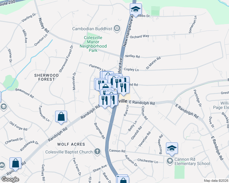 map of restaurants, bars, coffee shops, grocery stores, and more near 13424 New Hampshire Avenue in Silver Spring