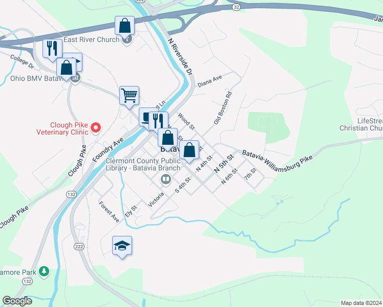 map of restaurants, bars, coffee shops, grocery stores, and more near 293 North Street in Batavia