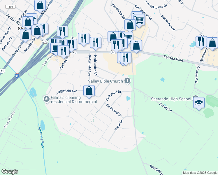 map of restaurants, bars, coffee shops, grocery stores, and more near 142 Meadowbrook Drive in Stephens City
