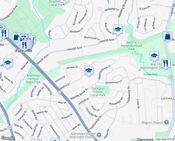map of restaurants, bars, coffee shops, grocery stores, and more near 3002 Regina Drive in Silver Spring