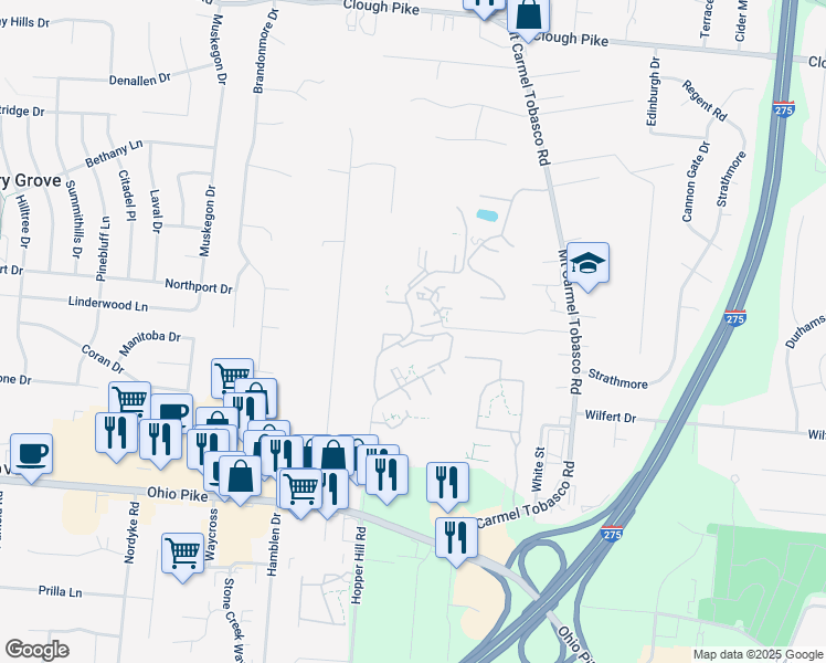 map of restaurants, bars, coffee shops, grocery stores, and more near 4100 Fox Run Trail in Cincinnati