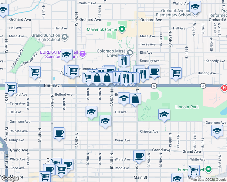 map of restaurants, bars, coffee shops, grocery stores, and more near 1036 Belford Avenue in Grand Junction