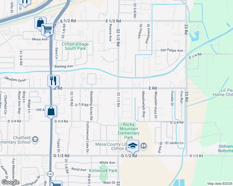 map of restaurants, bars, coffee shops, grocery stores, and more near 32 1/2 Road in Clifton