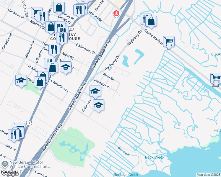 map of restaurants, bars, coffee shops, grocery stores, and more near 801 Bennett Road in Cape May County