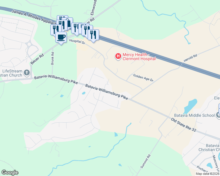 map of restaurants, bars, coffee shops, grocery stores, and more near 2310 Old State Route 32 in Batavia