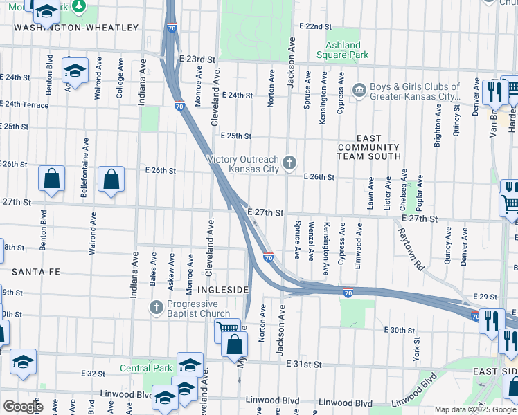 map of restaurants, bars, coffee shops, grocery stores, and more near 4012 East 27th Street in Kansas City
