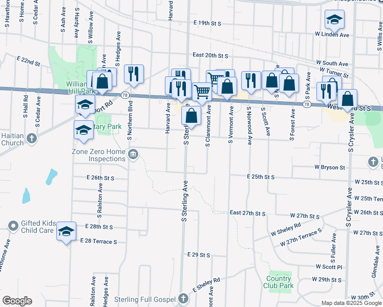 map of restaurants, bars, coffee shops, grocery stores, and more near 2431 South Sterling Avenue in Independence