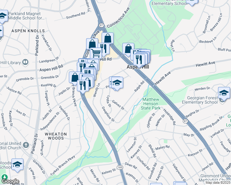map of restaurants, bars, coffee shops, grocery stores, and more near 13407 Lydia Street in Silver Spring