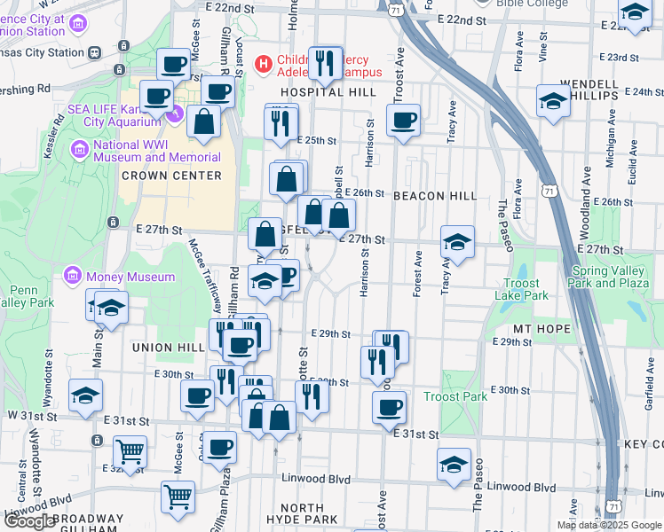 map of restaurants, bars, coffee shops, grocery stores, and more near 2731 Campbell Street in Kansas City