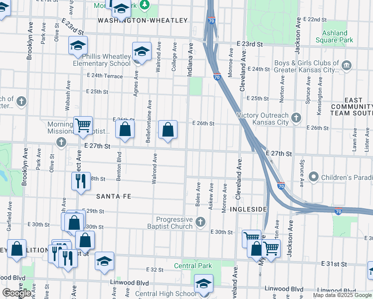 map of restaurants, bars, coffee shops, grocery stores, and more near Indiana Avenue in Kansas City