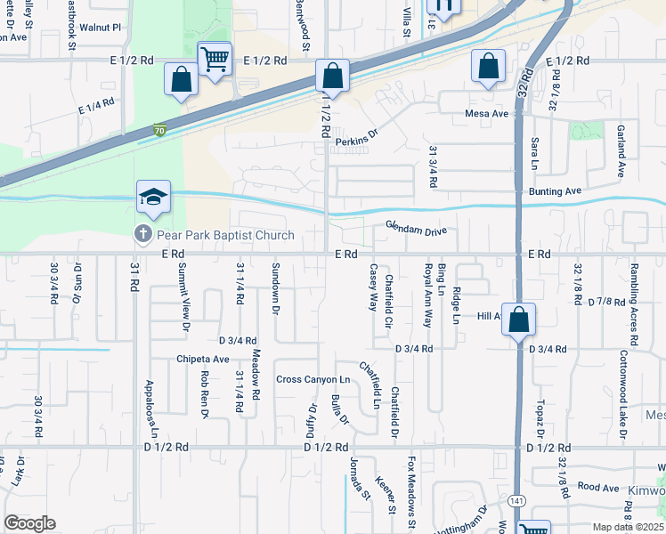 map of restaurants, bars, coffee shops, grocery stores, and more near 3153 E Road in Grand Junction