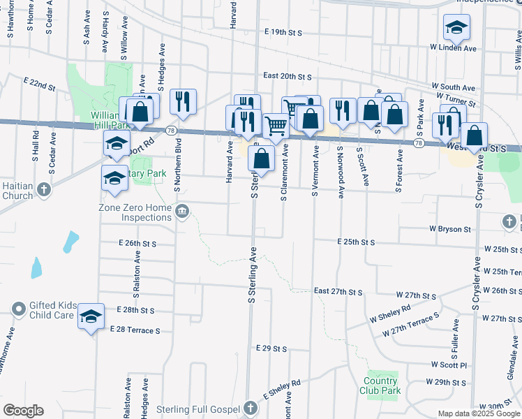 map of restaurants, bars, coffee shops, grocery stores, and more near 2431 South Sterling Avenue in Independence