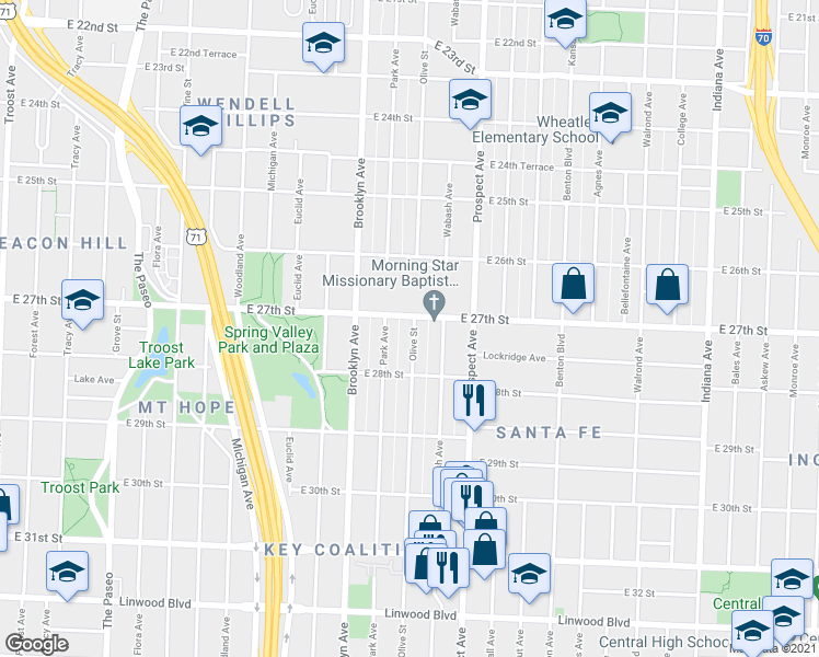 map of restaurants, bars, coffee shops, grocery stores, and more near 2719 Park Avenue in Kansas City