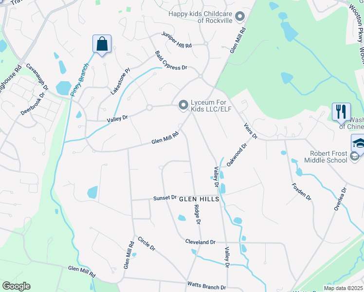 map of restaurants, bars, coffee shops, grocery stores, and more near 13408 Ridge Drive in Rockville