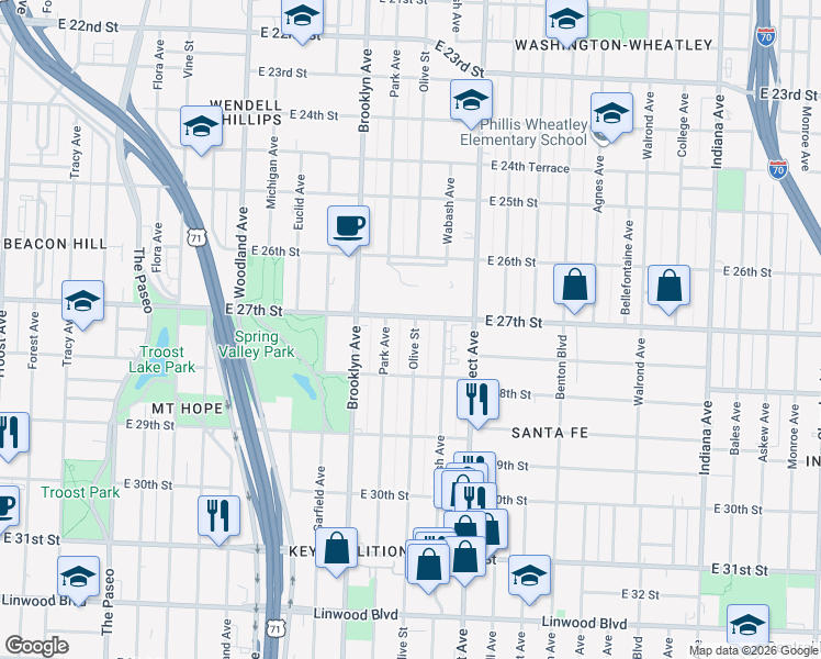 map of restaurants, bars, coffee shops, grocery stores, and more near 2719 Park Avenue in Kansas City
