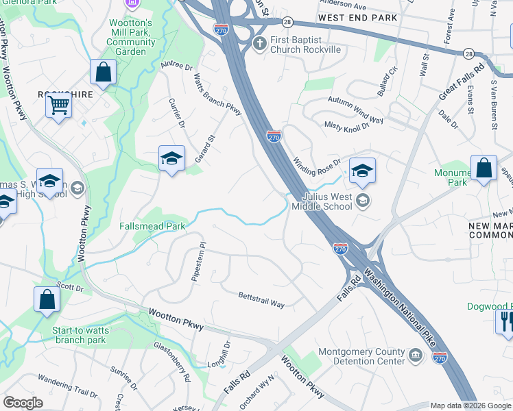 map of restaurants, bars, coffee shops, grocery stores, and more near 6 Fallswood Court in Rockville