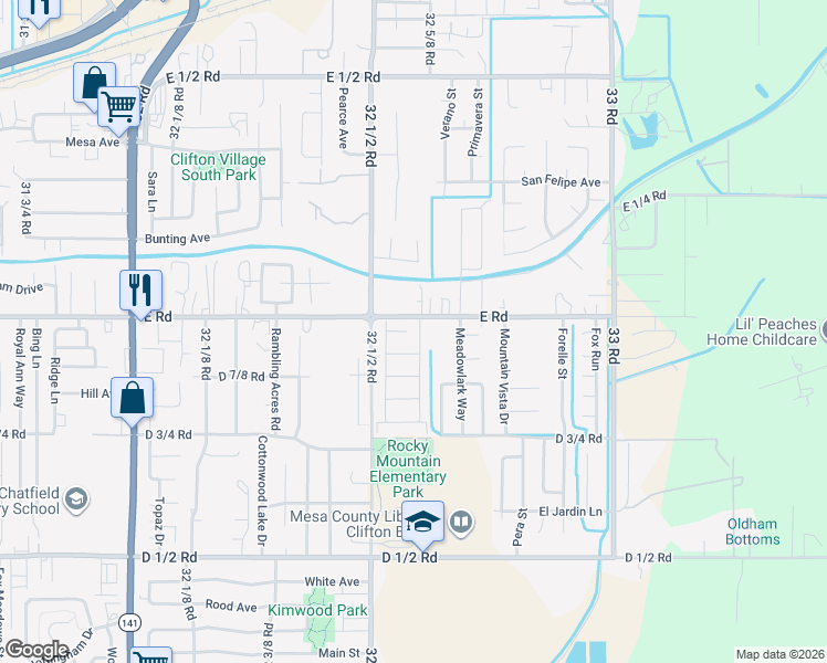 map of restaurants, bars, coffee shops, grocery stores, and more near 3251 E Road in Clifton