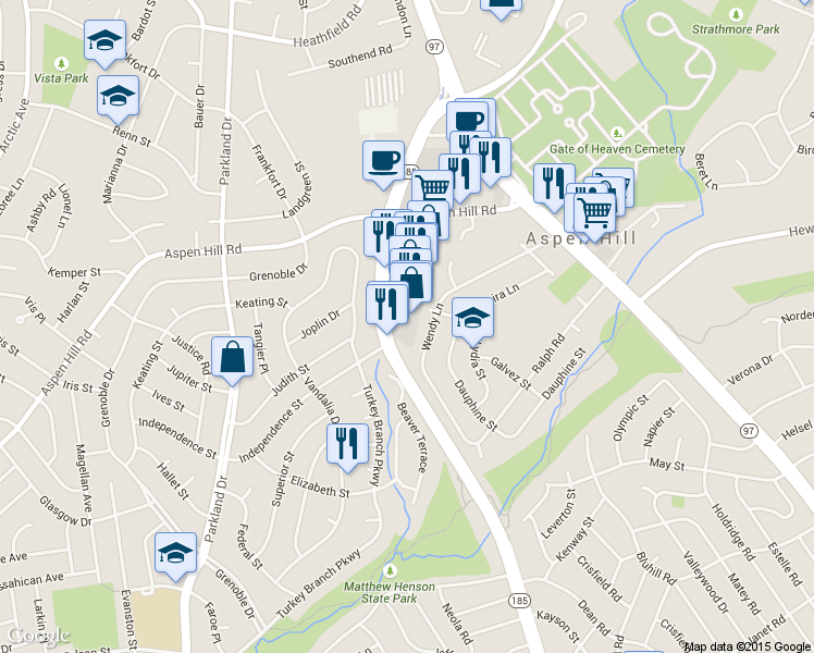 map of restaurants, bars, coffee shops, grocery stores, and more near 13509 Connecticut Avenue in Aspen Hill