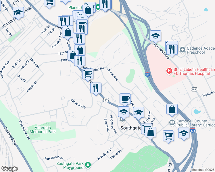 map of restaurants, bars, coffee shops, grocery stores, and more near 369 Linden Avenue in Southgate