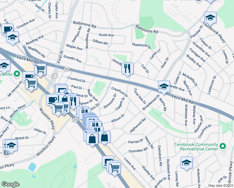 map of restaurants, bars, coffee shops, grocery stores, and more near 1231 Simmons Drive in Rockville