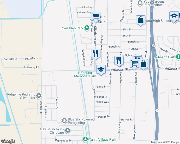 map of restaurants, bars, coffee shops, grocery stores, and more near 4227 Donald Drive in Olivehurst