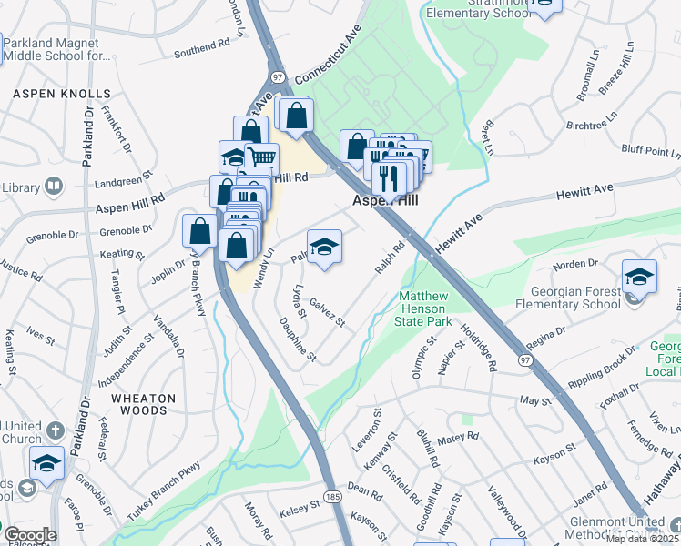 map of restaurants, bars, coffee shops, grocery stores, and more near 13407 Lydia Street in Silver Spring