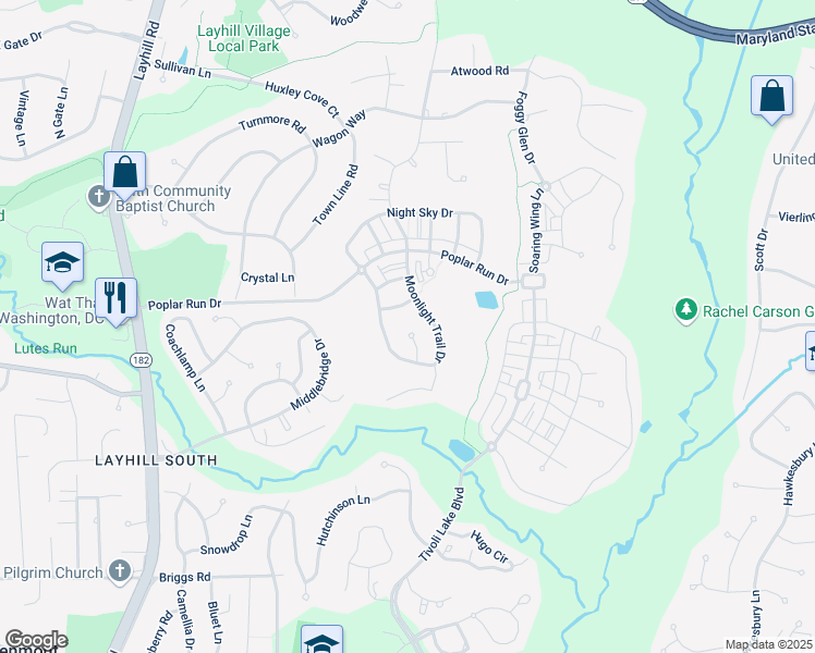 map of restaurants, bars, coffee shops, grocery stores, and more near 25 Moonlight Trail Court in Silver Spring