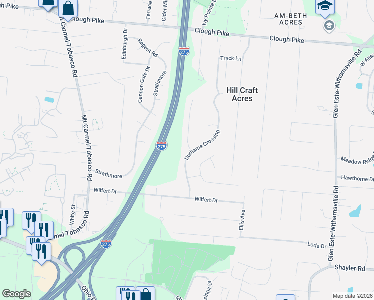 map of restaurants, bars, coffee shops, grocery stores, and more near 4120 Durhams Crossing in Cincinnati