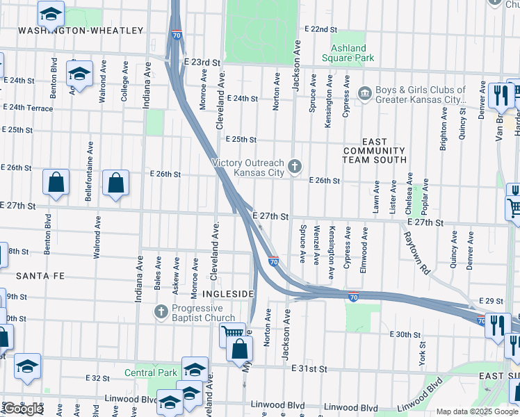 map of restaurants, bars, coffee shops, grocery stores, and more near 4012 East 27th Street in Kansas City