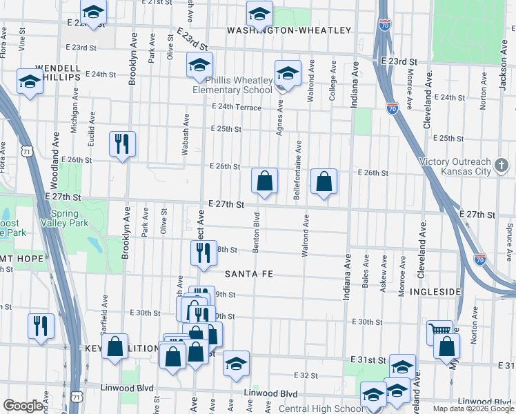 map of restaurants, bars, coffee shops, grocery stores, and more near 2710 Benton Boulevard in Kansas City