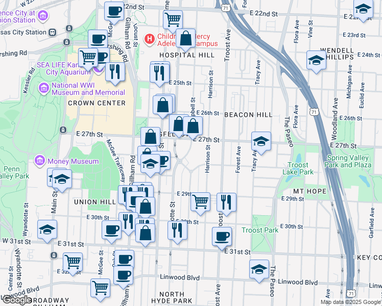 map of restaurants, bars, coffee shops, grocery stores, and more near 2729 Campbell Street in Kansas City