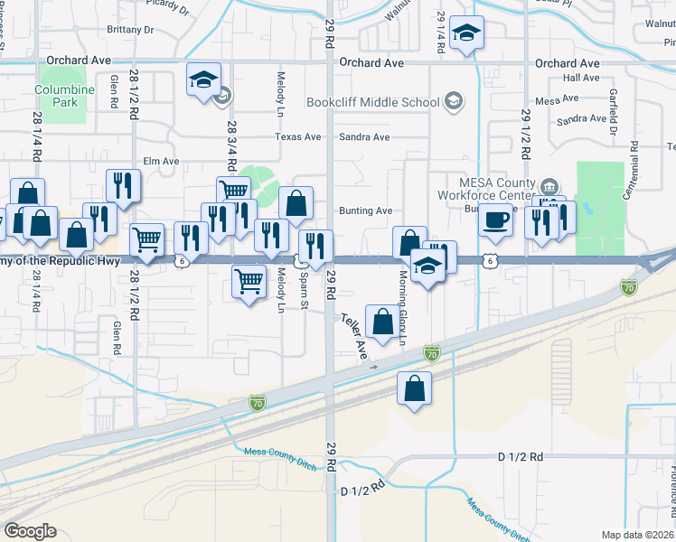 map of restaurants, bars, coffee shops, grocery stores, and more near 2903 North Avenue in Grand Junction