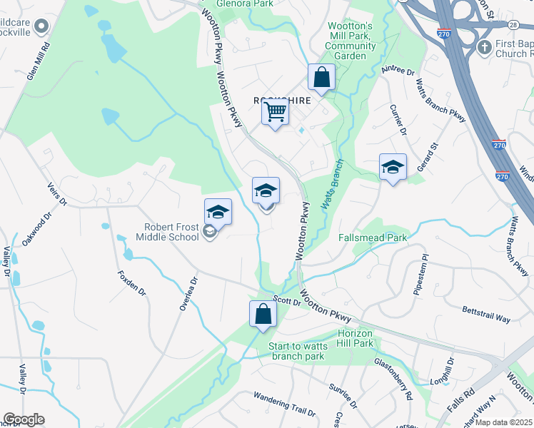 map of restaurants, bars, coffee shops, grocery stores, and more near 2100 Wootton Parkway in Rockville