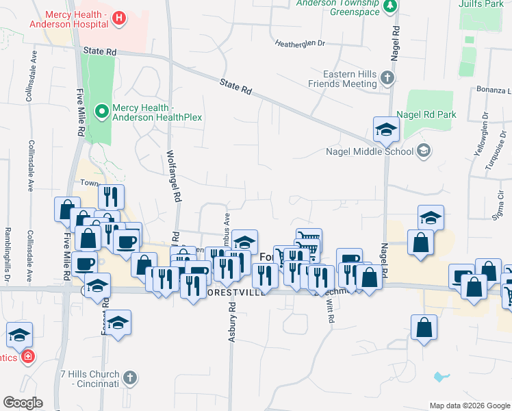 map of restaurants, bars, coffee shops, grocery stores, and more near 1423 Grand Oaks Drive in Cincinnati