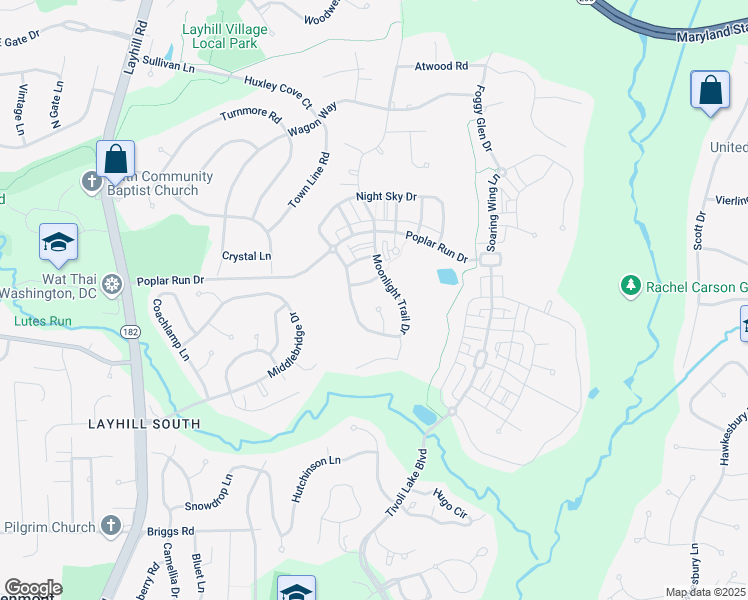 map of restaurants, bars, coffee shops, grocery stores, and more near 25 Moonlight Trail Court in Silver Spring