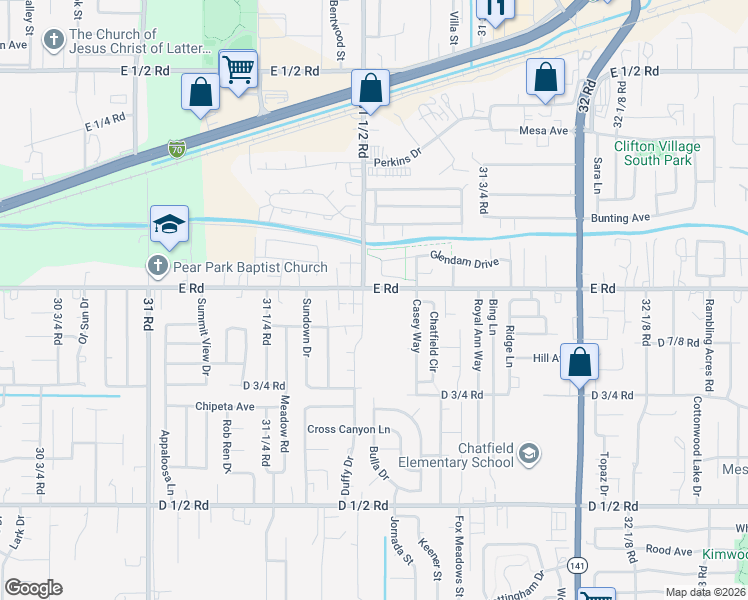 map of restaurants, bars, coffee shops, grocery stores, and more near 3153 E Road in Grand Junction