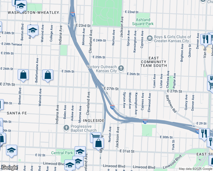 map of restaurants, bars, coffee shops, grocery stores, and more near 4012 East 27th Street in Kansas City