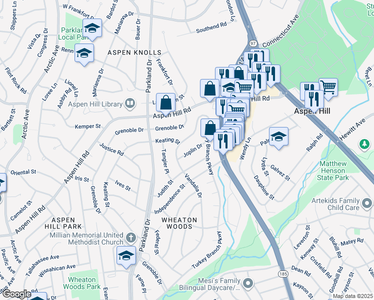 map of restaurants, bars, coffee shops, grocery stores, and more near 4315 Joplin Drive in Rockville