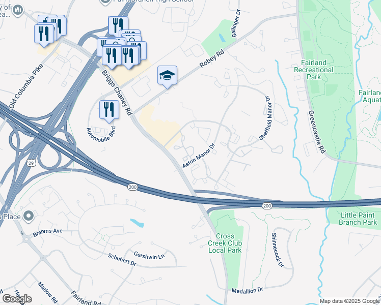 map of restaurants, bars, coffee shops, grocery stores, and more near 3340 Hampton Point Drive in Silver Spring