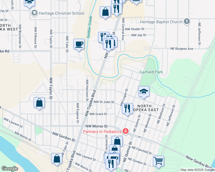 map of restaurants, bars, coffee shops, grocery stores, and more near 265-299 Northwest Paramore Street in Topeka